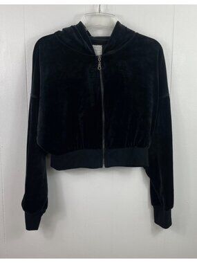 Aeropostale Womens Black Velvet Cropped Hoodie Jacket L